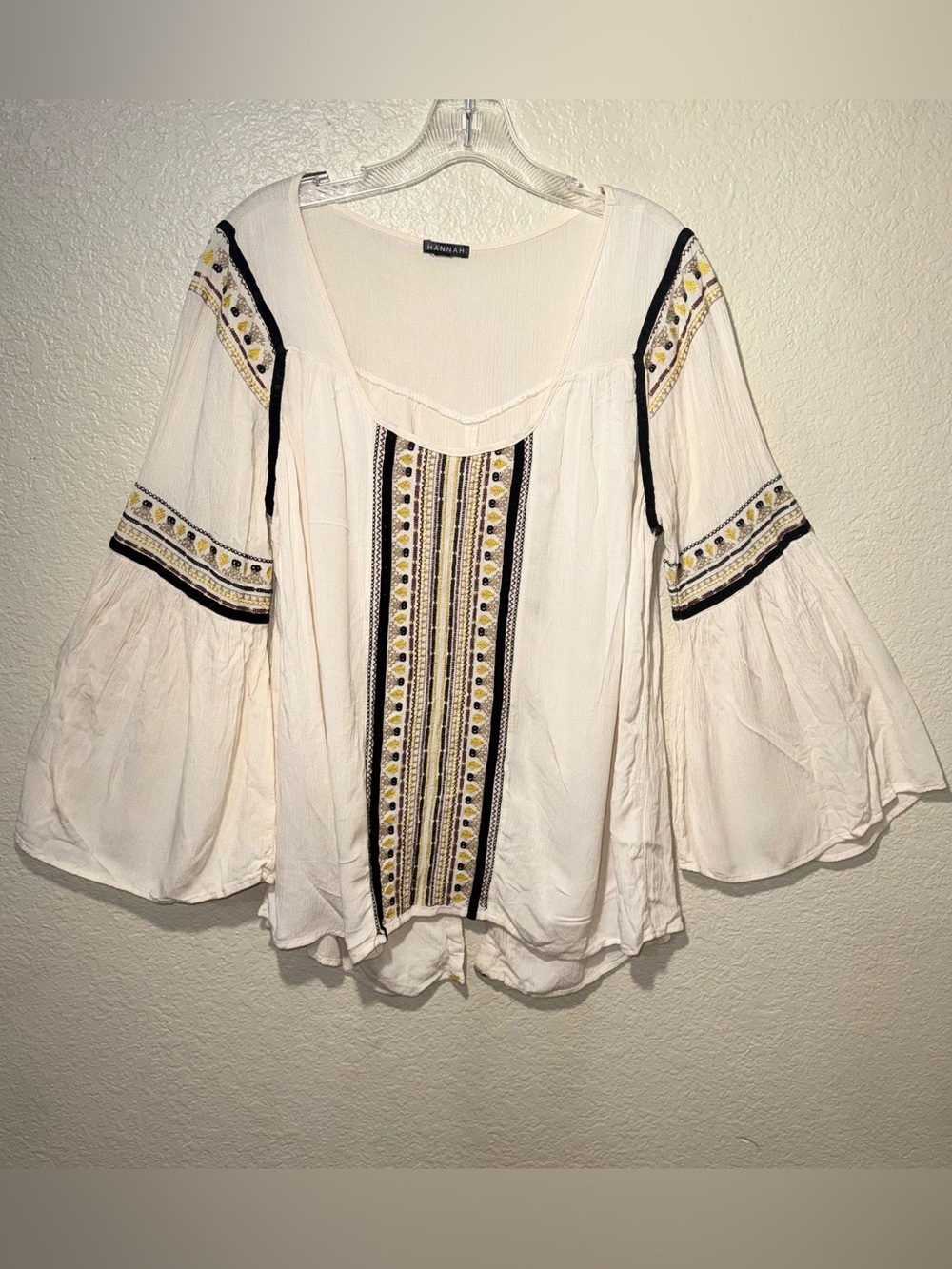 Hannah Large Boho Embroidered Bell Sleeve Cottagecore Peasant Top